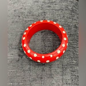 Vintage early 80s wooden Boho style bracelet. True Red/white polka dots.